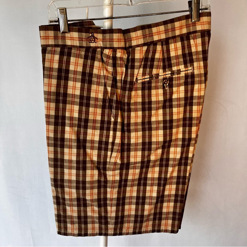 Original Penguin Vintage  Brown and Cream Plaid Madras Flat- Front Shorts- 36